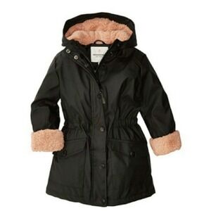 Urban Republic Black Raincoat Pink Sherpa Lined Hooded Parka Jacket Girls 6X